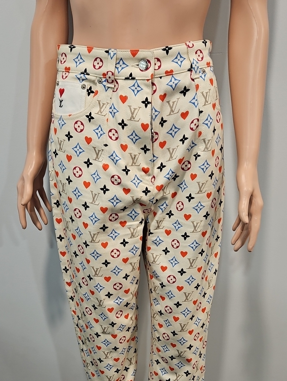 Louis Vuitton Cream High-Rise Jeans with Red & Blue Monogram Accents